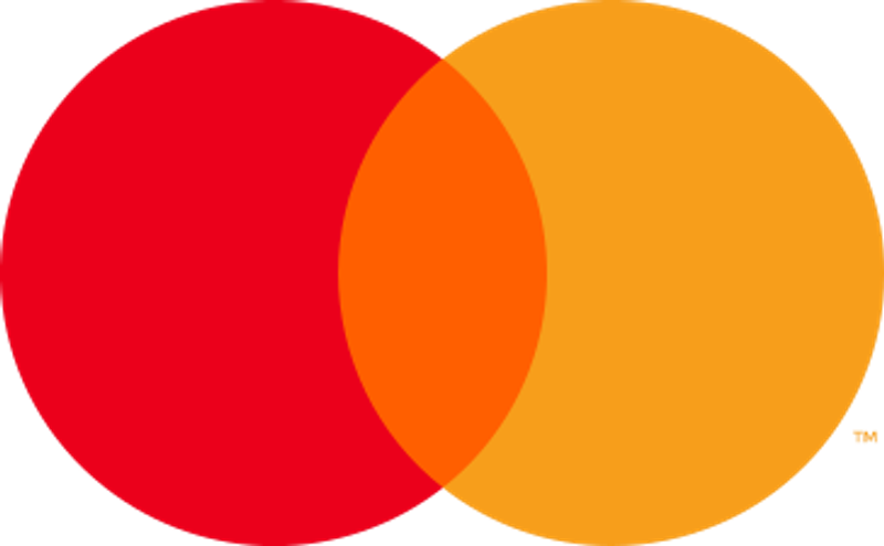 Mastercard logo with two overlapping circles, one red on the left and one orange on the right.