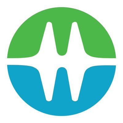 Circular logo with a green upper half and blue lower half separated by a white wave-like shape in the center.