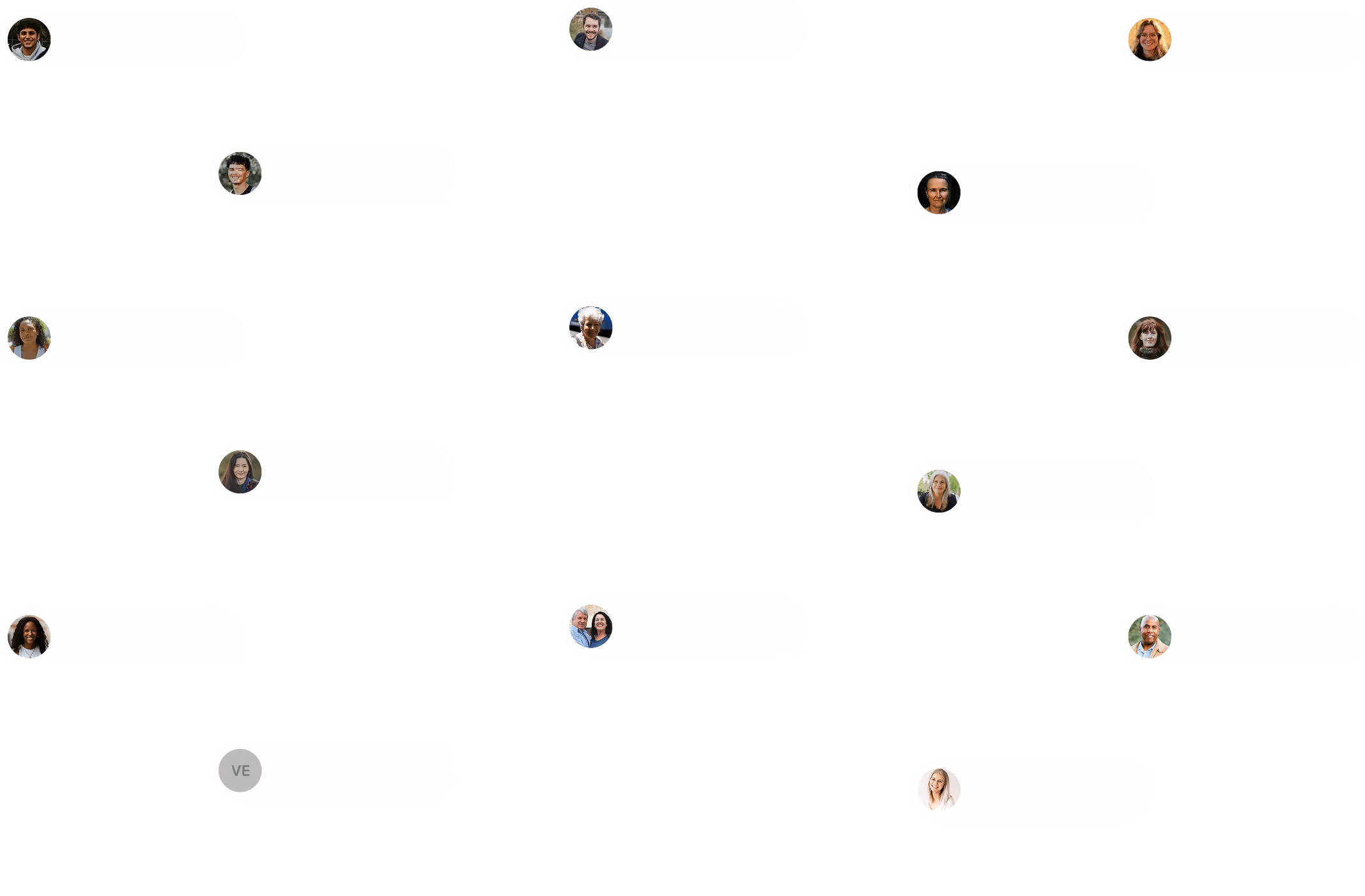 displaying floating chat-style notifications, each with a circular profile photo and text such as “just prayed” or “just had an answered prayer.” Names like Kendrick, Anne, Jeffrey, Linda, and others are shown across the image in separate bubbles.