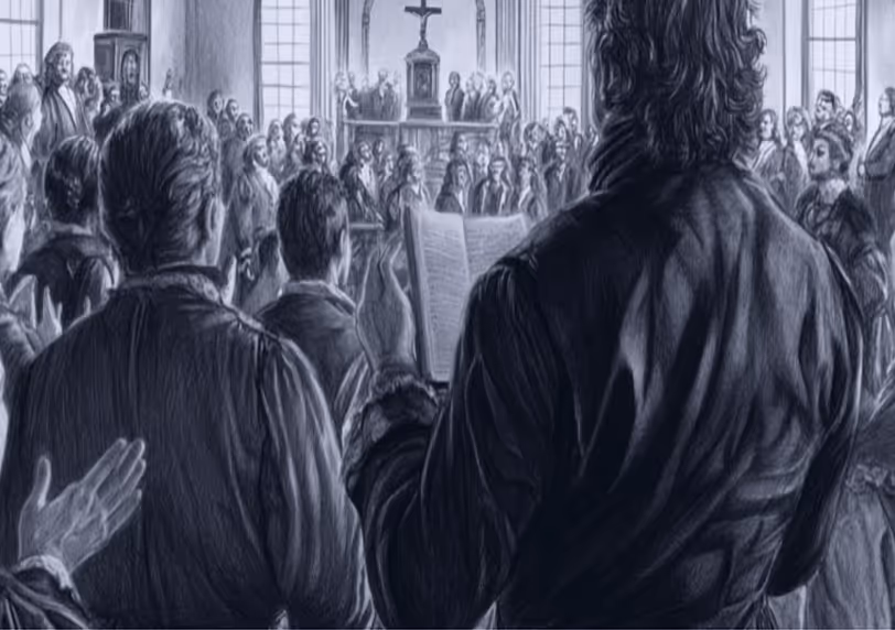 Historical illustration of a preacher reading to a gathered congregation inside a church