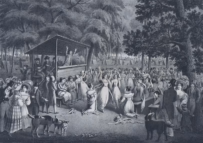 Historical illustration of a 19th-century outdoor revival meeting with a preacher and gathered crowd