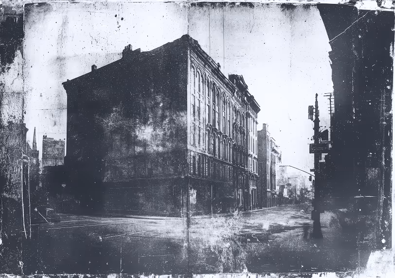 Vintage black and white photograph of an old city building at a street corner