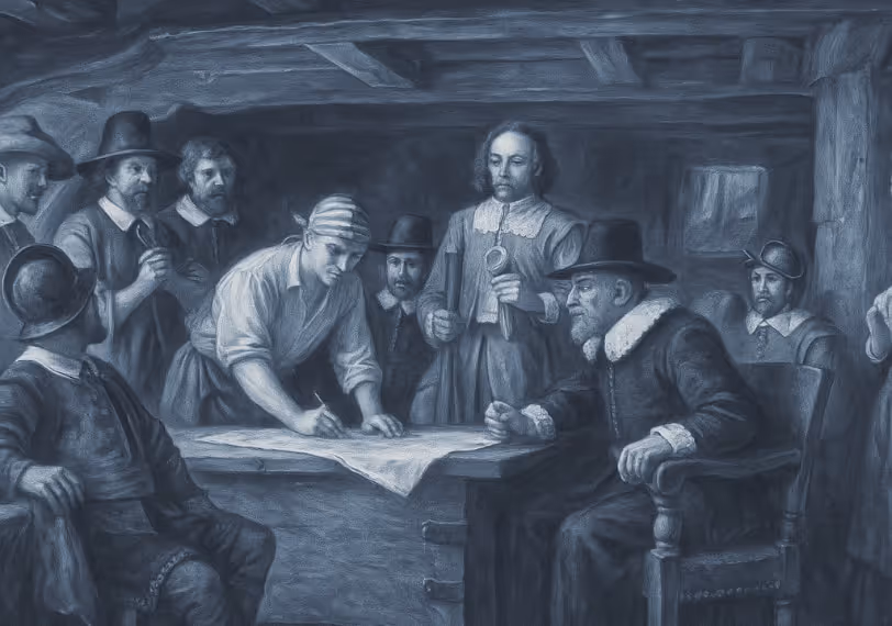 Historical painting of early settlers signing a foundational document in a colonial meeting room