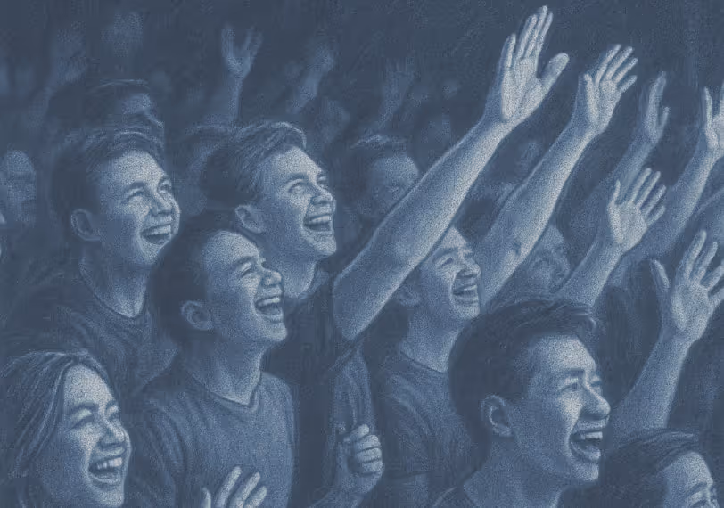 Illustration of a joyful crowd with raised hands, smiling and celebrating together