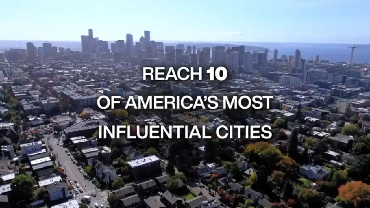 Aerial view of a city with text overlay stating 'REACH 10 OF AMERICA'S MOST INFLUENTIAL CITIES'.