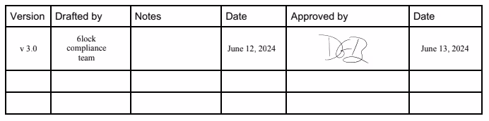 Table showing version 3.0 drafted by 6lock compliance team, dated June 12, 2024, approved June 13, 2024.