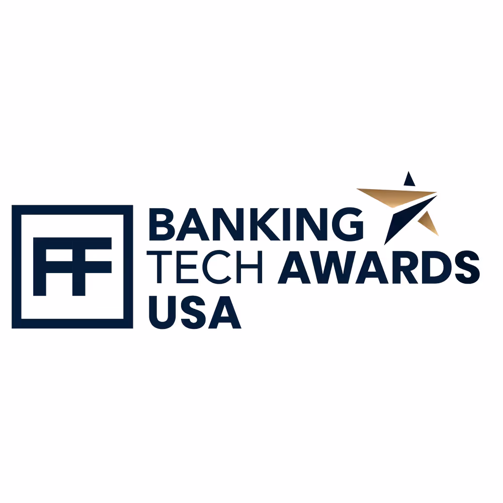 Logo of the Banking Tech Awards USA with stylized letters and a gold and black star.