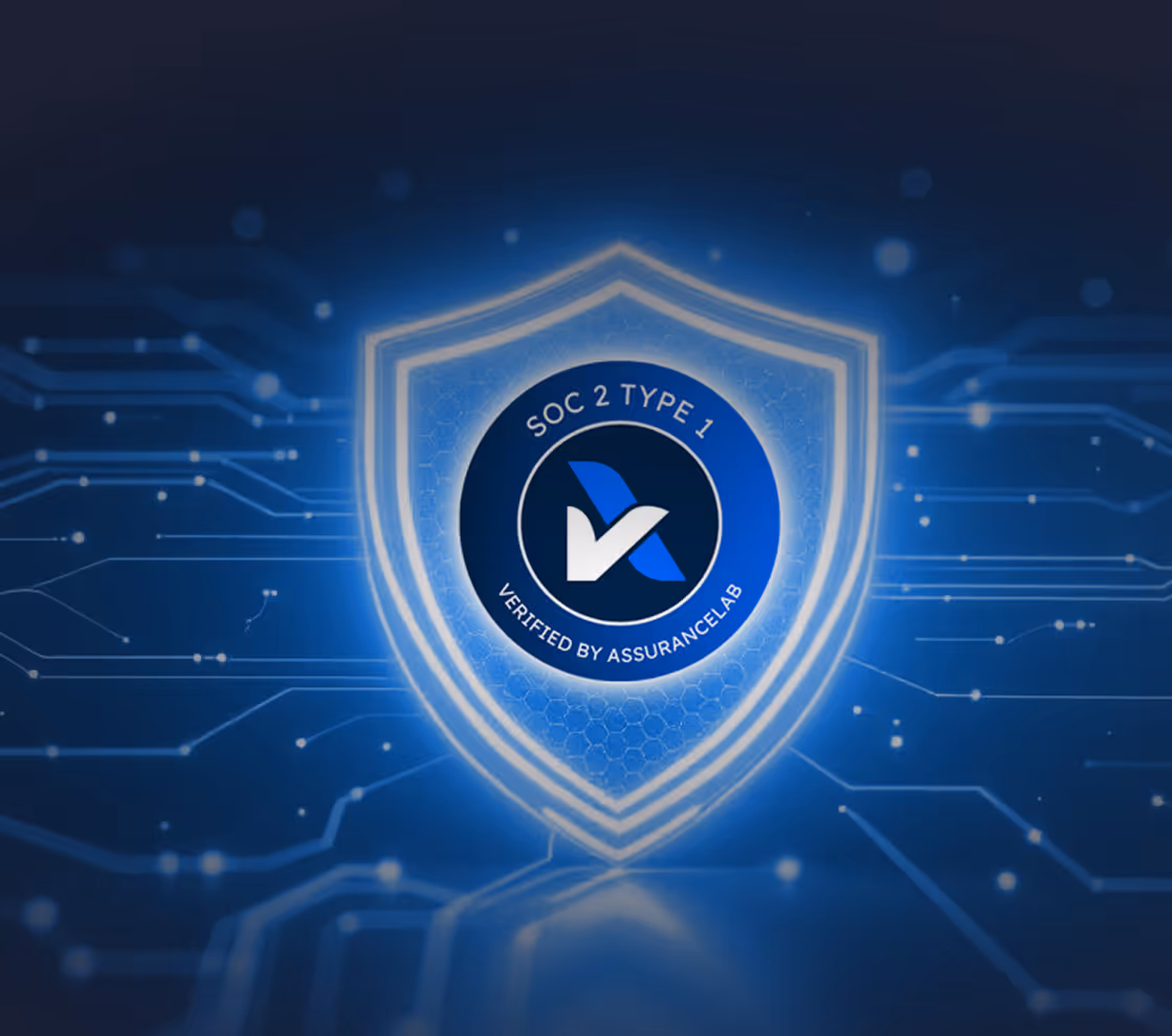 Shield emblem with SOC 2 Type 1 and verified by AssuranceLab text on a blue tech background.