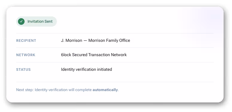 Invitation sent confirmation showing recipient, network, status, and next step for identity verification.