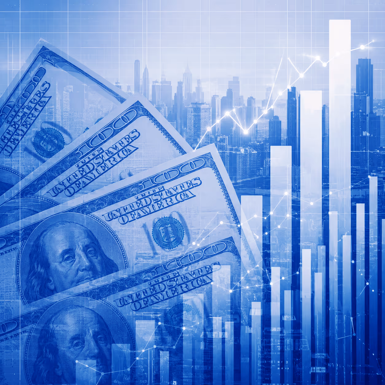 Stack of hundred-dollar bills overlaid with a city skyline and rising bar chart graph.