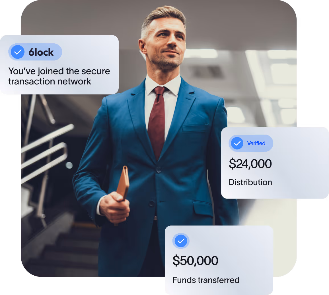 Man in blue suit holding phone with secure transaction and verified $24K distribution and $50K funds transfer.