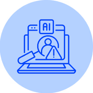 Blue icon of a laptop with AI, user profile and magnifying glass representing AI fraud detection.