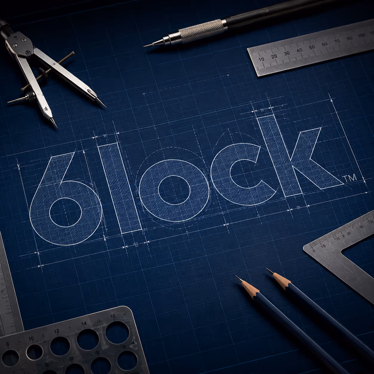 Blueprint style design of the word '6lock' with drafting tools and pencils on a dark surface.