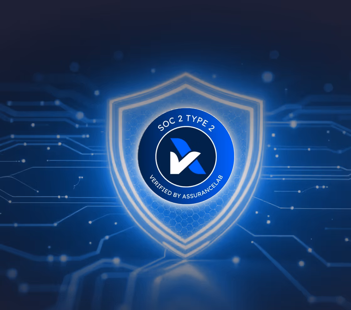 Shield emblem with SOC 2 Type 1 and verified by AssuranceLab text on a blue tech background.