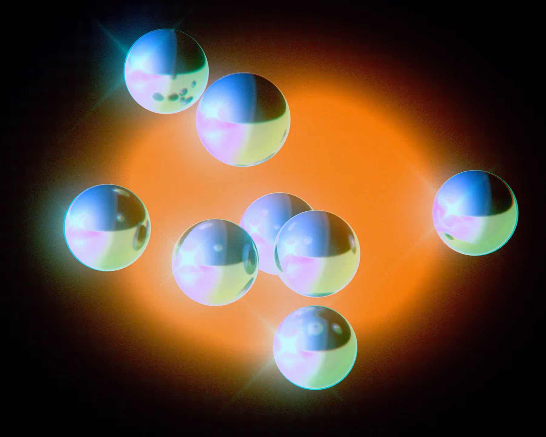 Seven glowing iridescent spheres floating against a dark background with an orange light blur behind them.