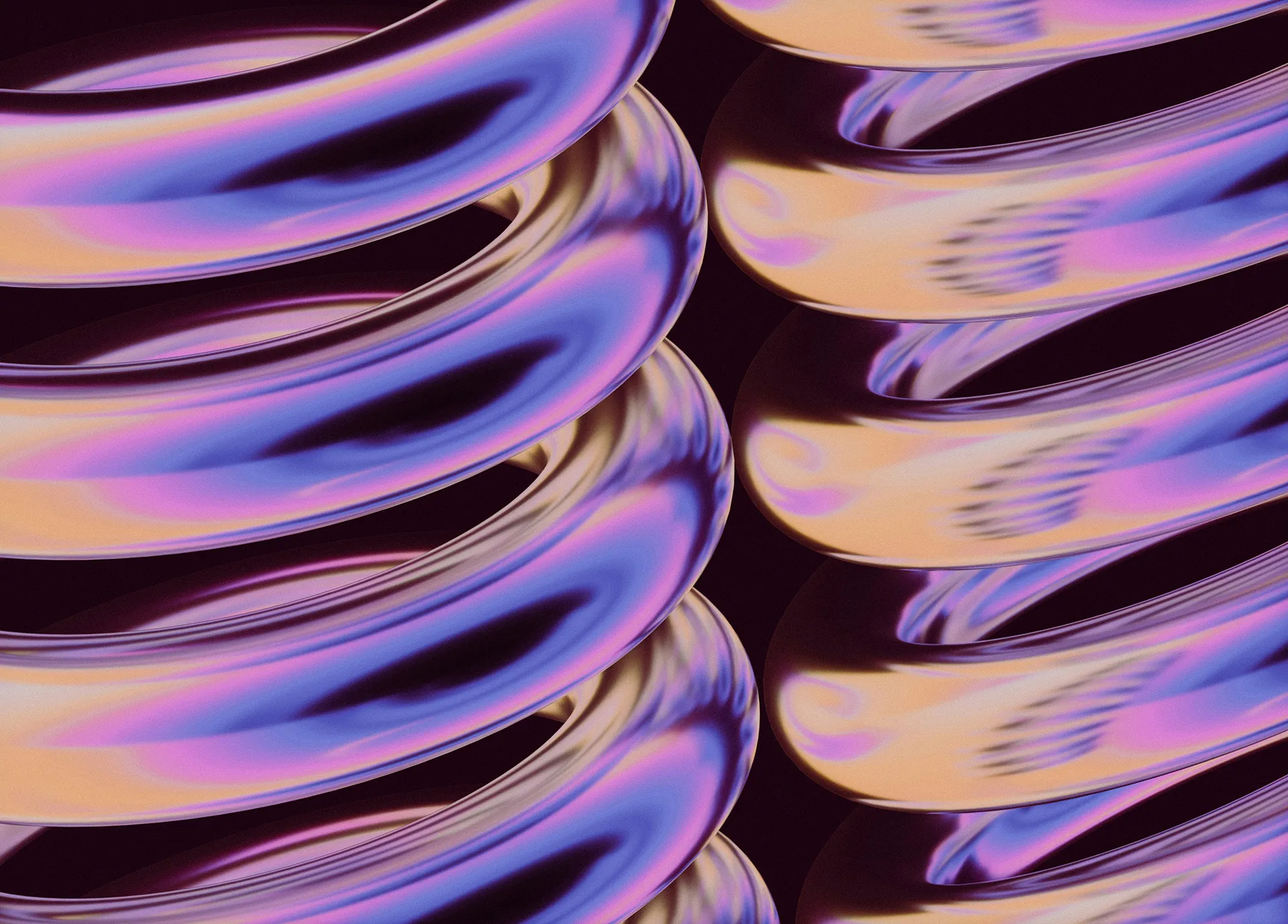 Close-up of iridescent, twisted, tubular shapes with purple and gold reflections against a black background.