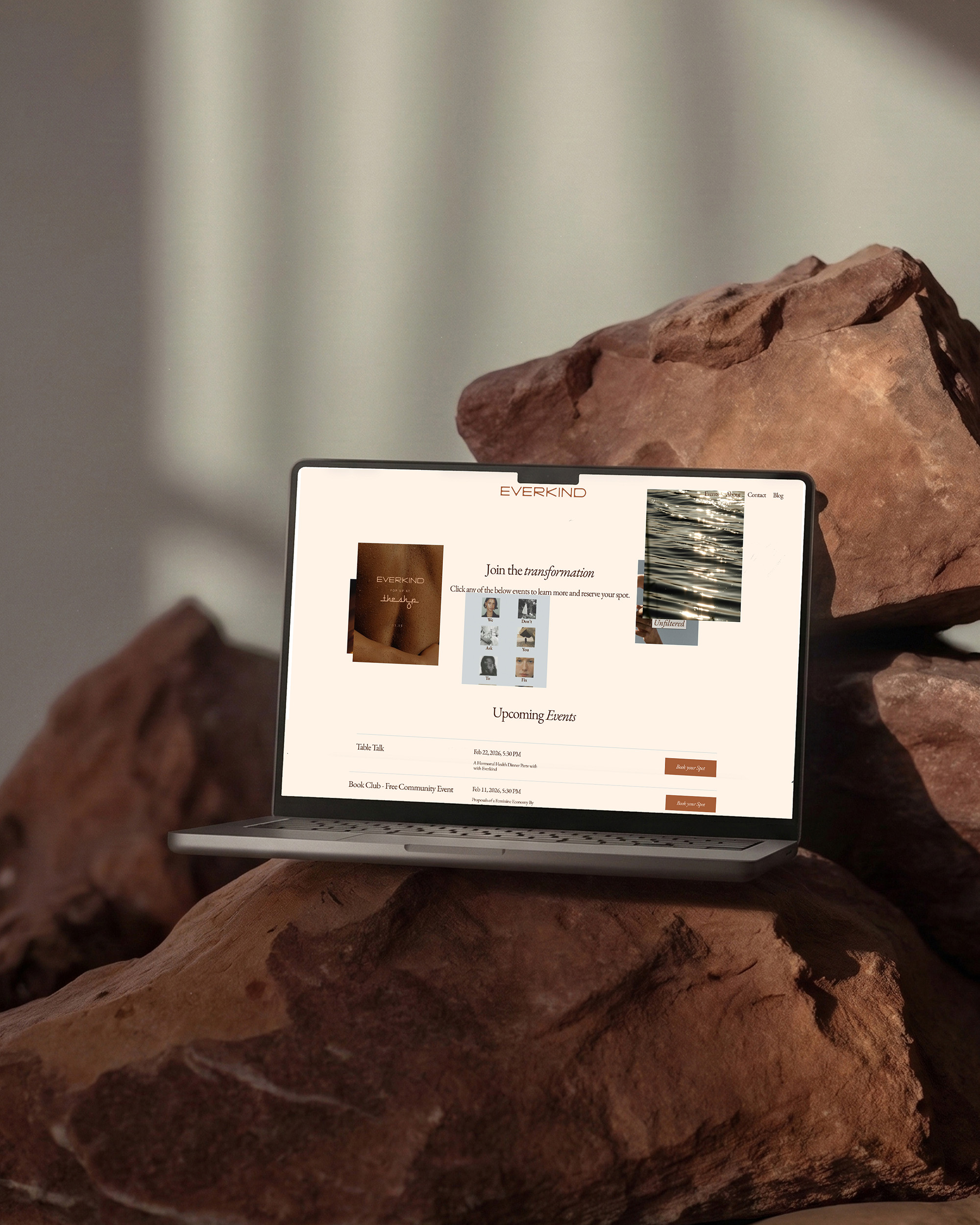 When Megan, the founder of Everkind came to ENC, she wasn’t just launching a brand, she was sparking a reclamation. A redefinition of kindness, power, and what it means to be a woman in motion. But first, she needed the container to hold it all. The name, the message, the visuals, the voice. So that’s where we started. From naming to narrative, we helped bring Everkind to life as more than a collective. It’s a call to expansion. Rooted in radical self-discovery and honest connection, we crafted messaging that doesn't just speak to women, it speaks from them. The ones who are done performing. Done being asked to be either soft or strong. Everkind exists in the and, empathy and edge, care and fire. Visually, Everkind needed a brand that could hold multitudes. The color palette we built moves between grounded terracottas, soft earth tones, and windswept seafoam—a reflection of the brand’s emotional range and elemental strength. The wordmark is architectural but organic—soft edges meeting strong lines. And the brand symbol? A fingerprint-turned-topography of the self. Each ring a ripple, each curve a chapter—a visual metaphor for growth that doesn’t follow a straight line. From naming to brand visuals to in-person experience, every piece was designed to feel like coming home to yourself. We extended the brand into a flexible suite of social assets, digital touchpoints, and event collateral; everything from leave-behinds to recipe books for their events. Now, Everkind isn’t just a brand. It’s a movement wrapped in resonance. And we’re proud to have been there from the very first breath.