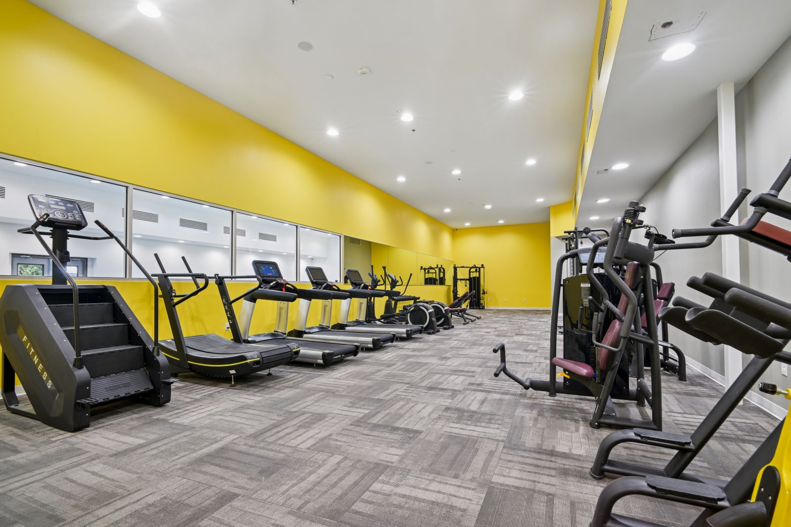 Resident fitness center with cardio and strength training equipment, featuring a vibrant yellow accent wall, at The Pulse in Oklahoma City, Oklahoma.