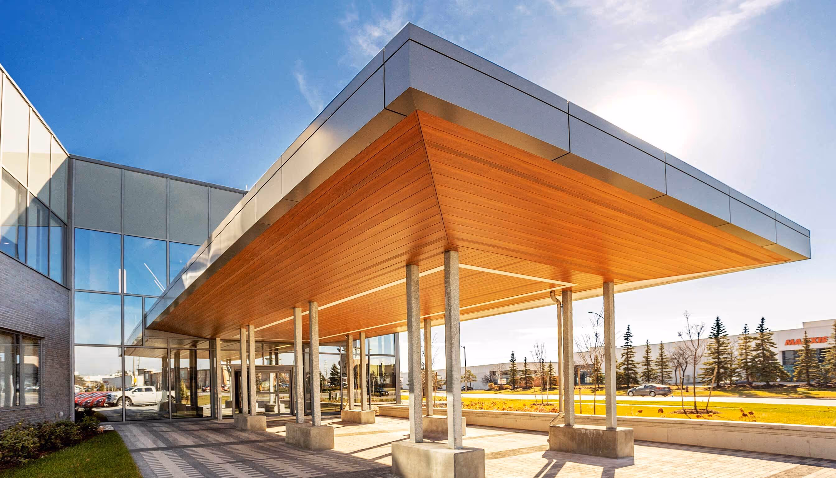 Architectural rendering of a modern civic building with glass and wood facade