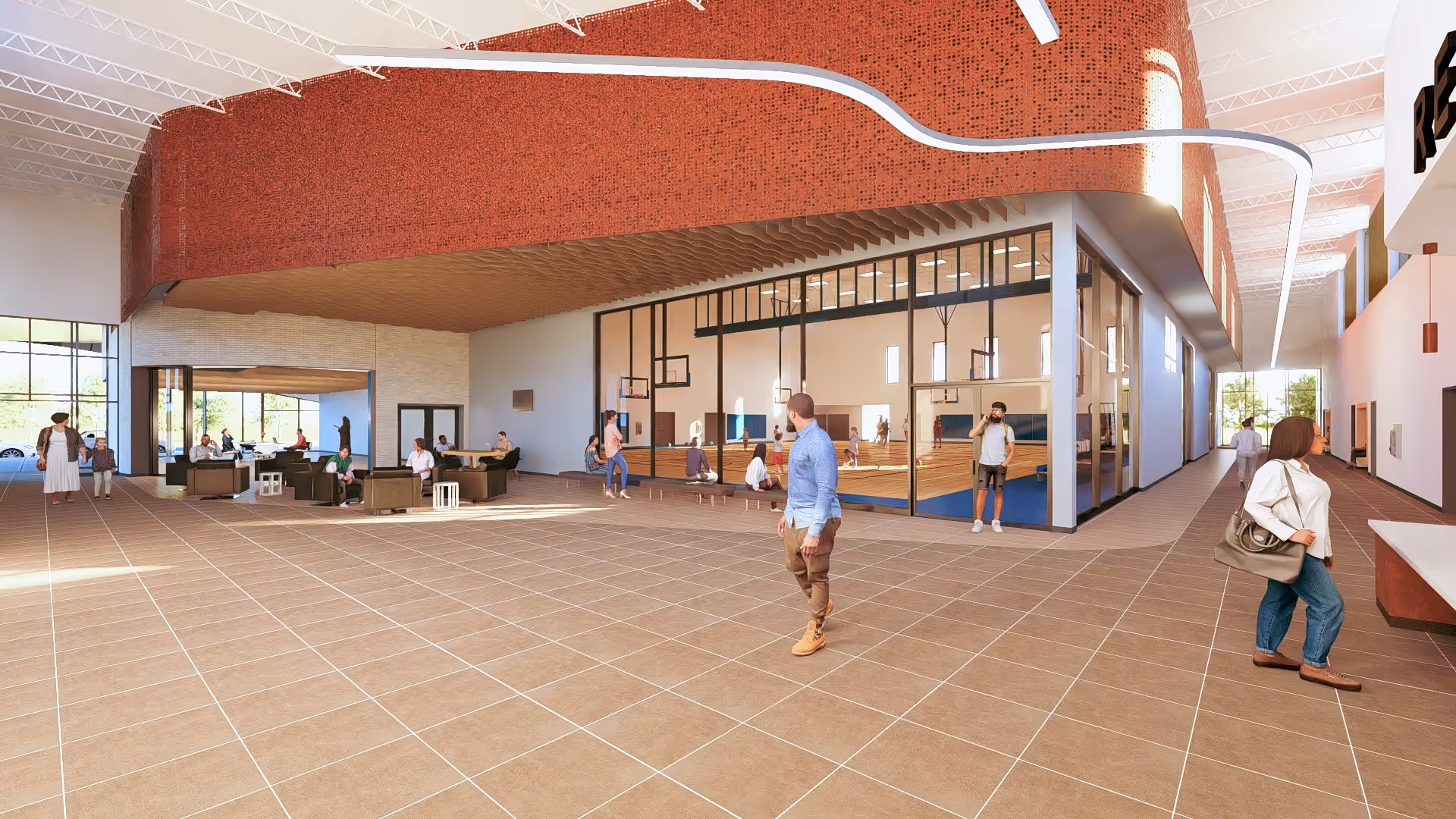 Architectural render of recreation complex interior