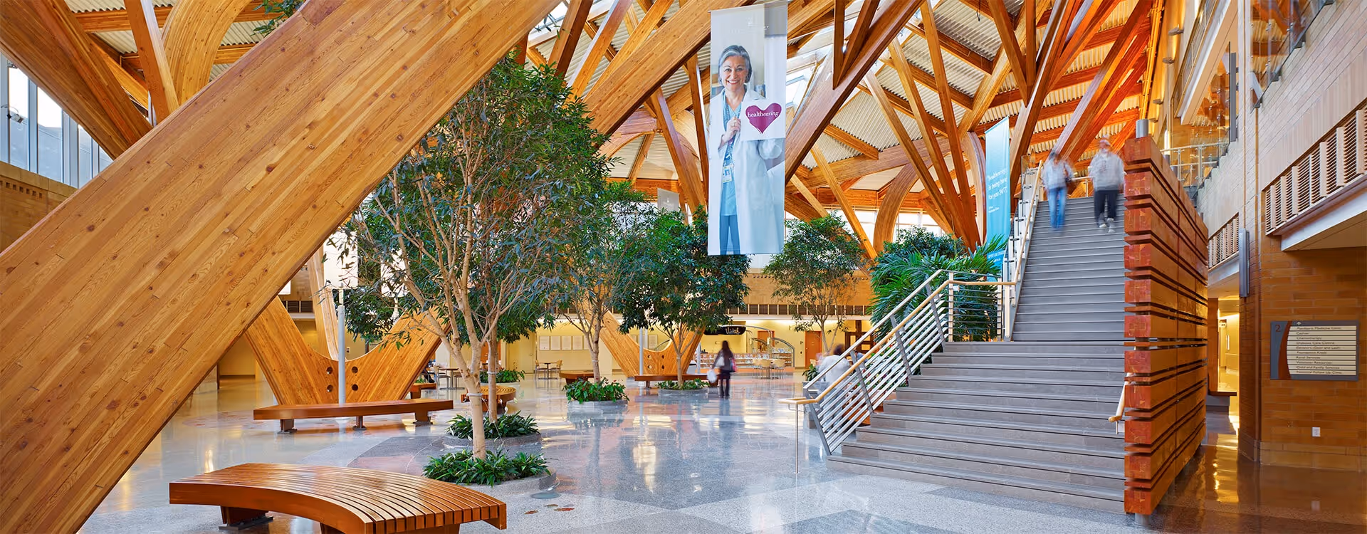 Credit Valley Hospital Interior foyer with wood beam