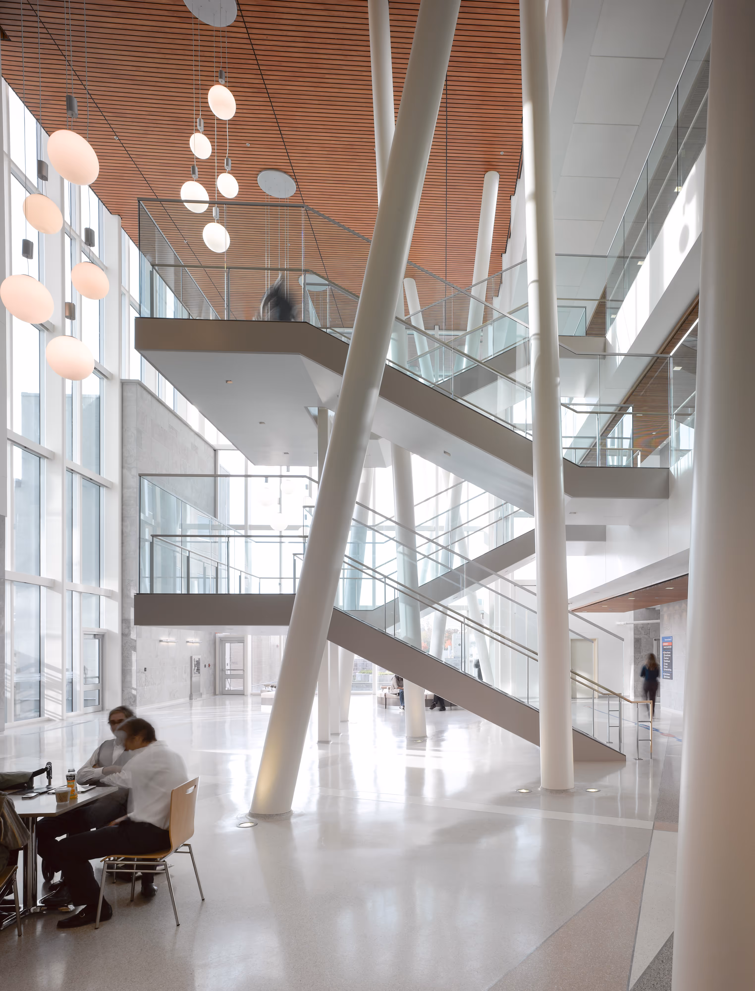 Interior atrium with sculptural white columns, glass staircases, and wood slat ceiling allowing natural light through large windows.