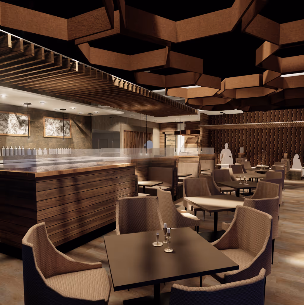 Architectural rendering of a modern institutional building with angled columns and glass facade, showing people and cars at the entrance.