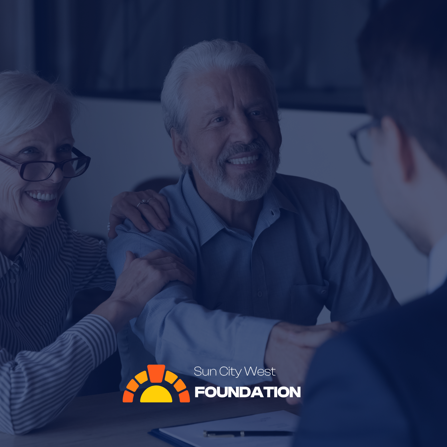 Event graphic reading From Mandatory to Meaningful: Turning RMDs Into a Living Legacy, with the Sun City West Foundation logo over a photo of an older couple meeting with an adviser.