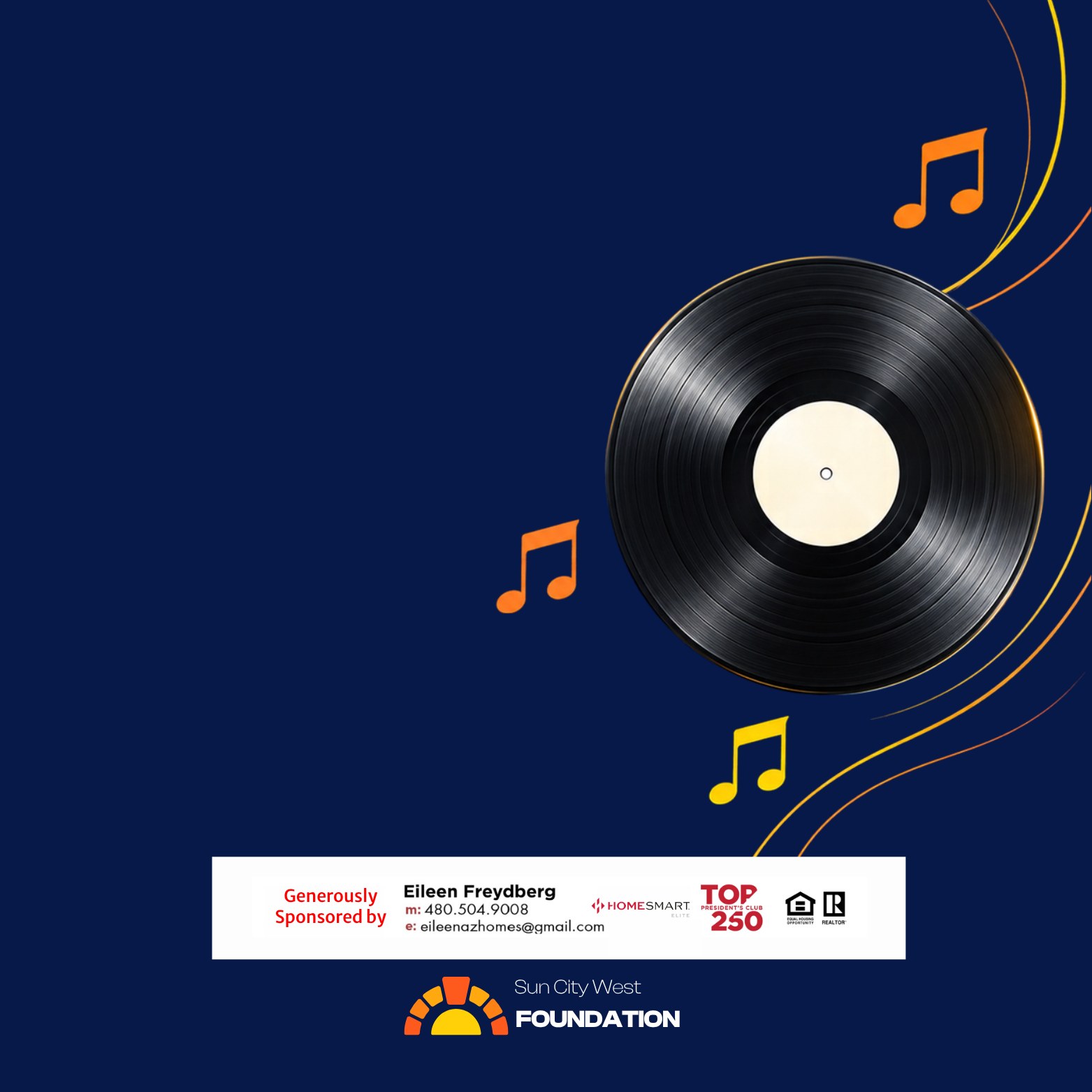 Music Bingo graphic with a vinyl record and music notes on a navy background, a sponsor banner for Eileen Freydberg of HomeSmart, and the Sun City West Foundation logo.