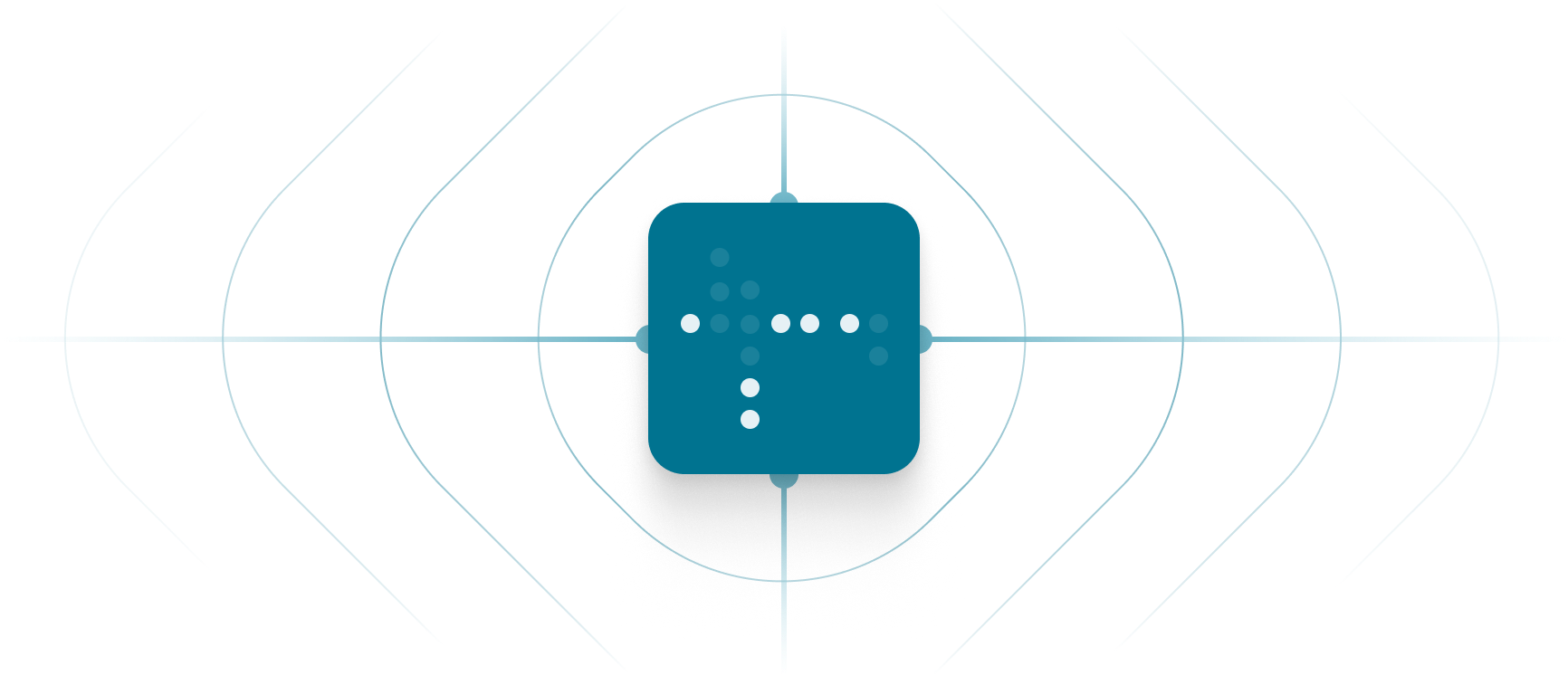 Icon showing a stylised directional arrow made of dots, surrounded by geometric circular and diamond-shaped line patterns