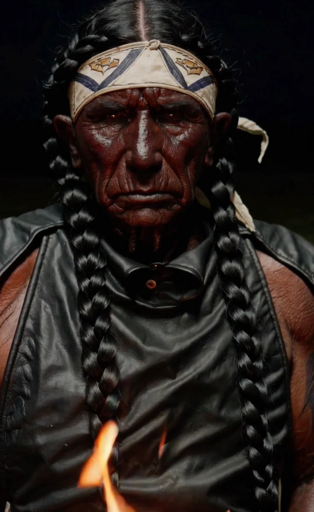 An older, muscular native american war chief with two long, thick, black braids. He wears black leather drapes over his body. Fire burns in the foreground, illuminating his eyes like two glowing orbs.
