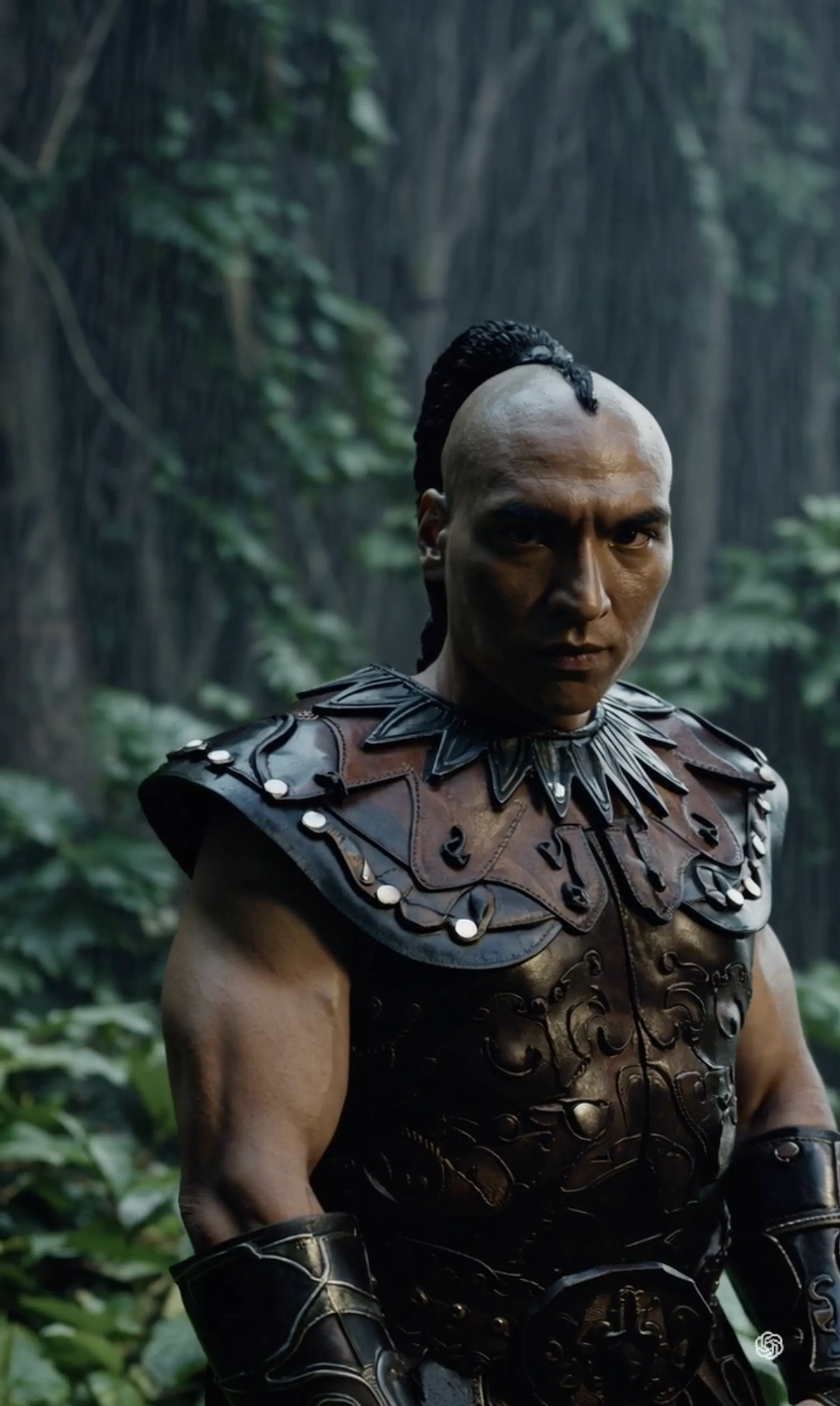 A mexica warrior wears traditional leather armor, leather gauntlets, his hair is a single black braid that stems from a mohawk.