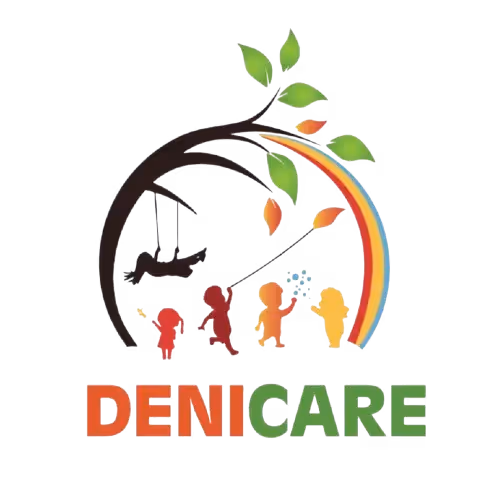 Изображение на лого с четири деца, играещи под дърво с люлка и дъга, със зелени листа над тях, над надпис DENICARE с оранжево и зелено.