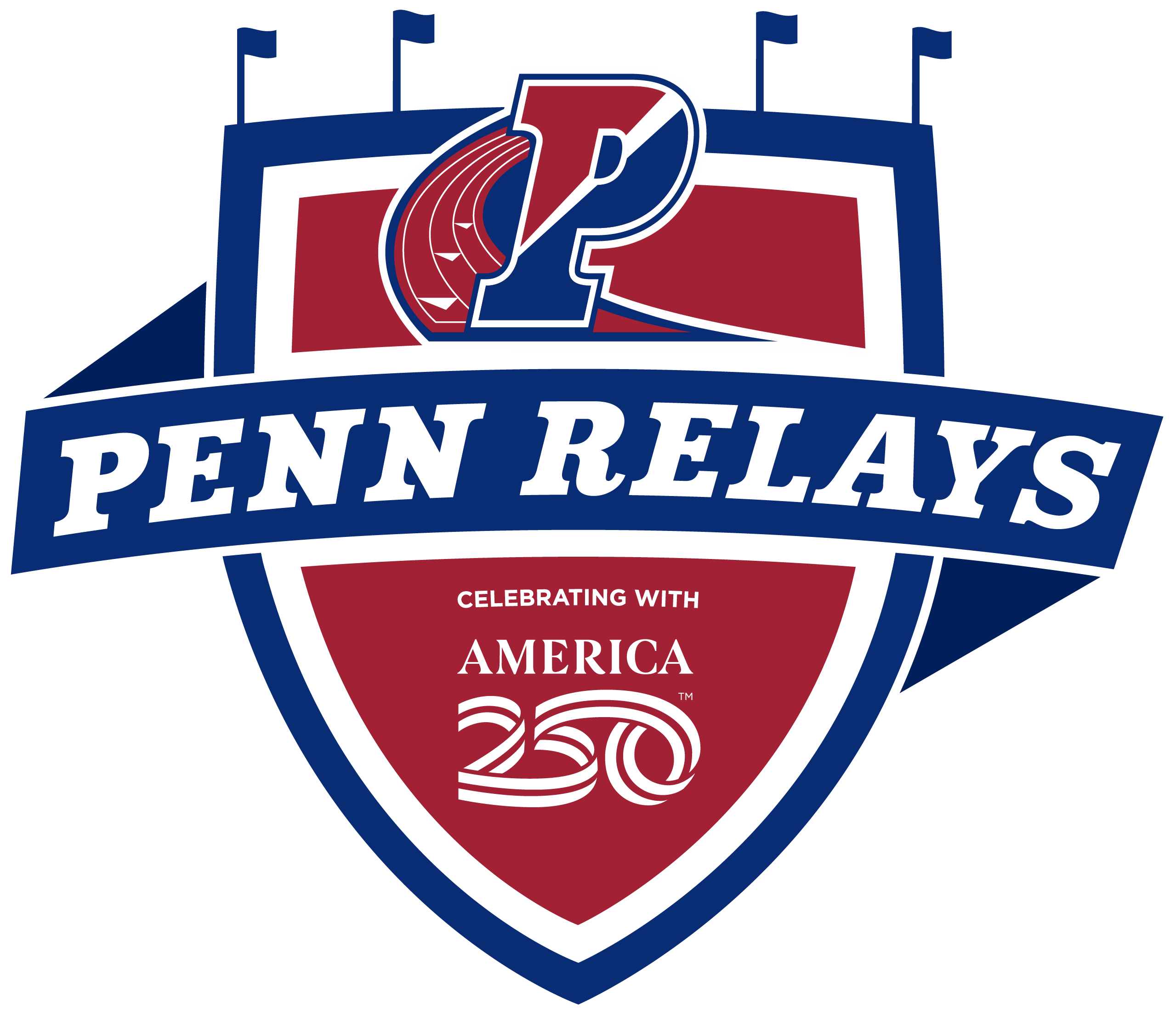 Penn Relays logo with a track, letter P, and text celebrating America 250.