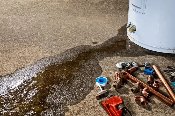 A leaky water heater tank is shown, with a large puddle of water on the floor and plumbing tools scattered nearby.
