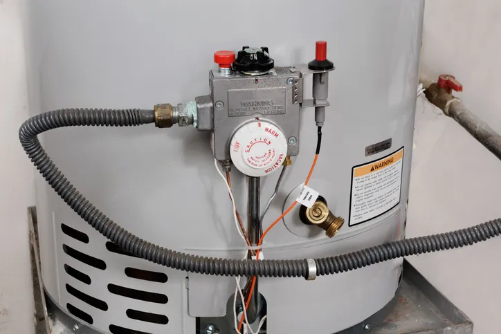 The control panel and gas line of a traditional water heater tank are shown in close-up.