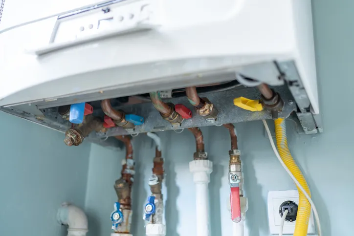 A tankless water heater is shown from below, with multiple pipes and valves visible.