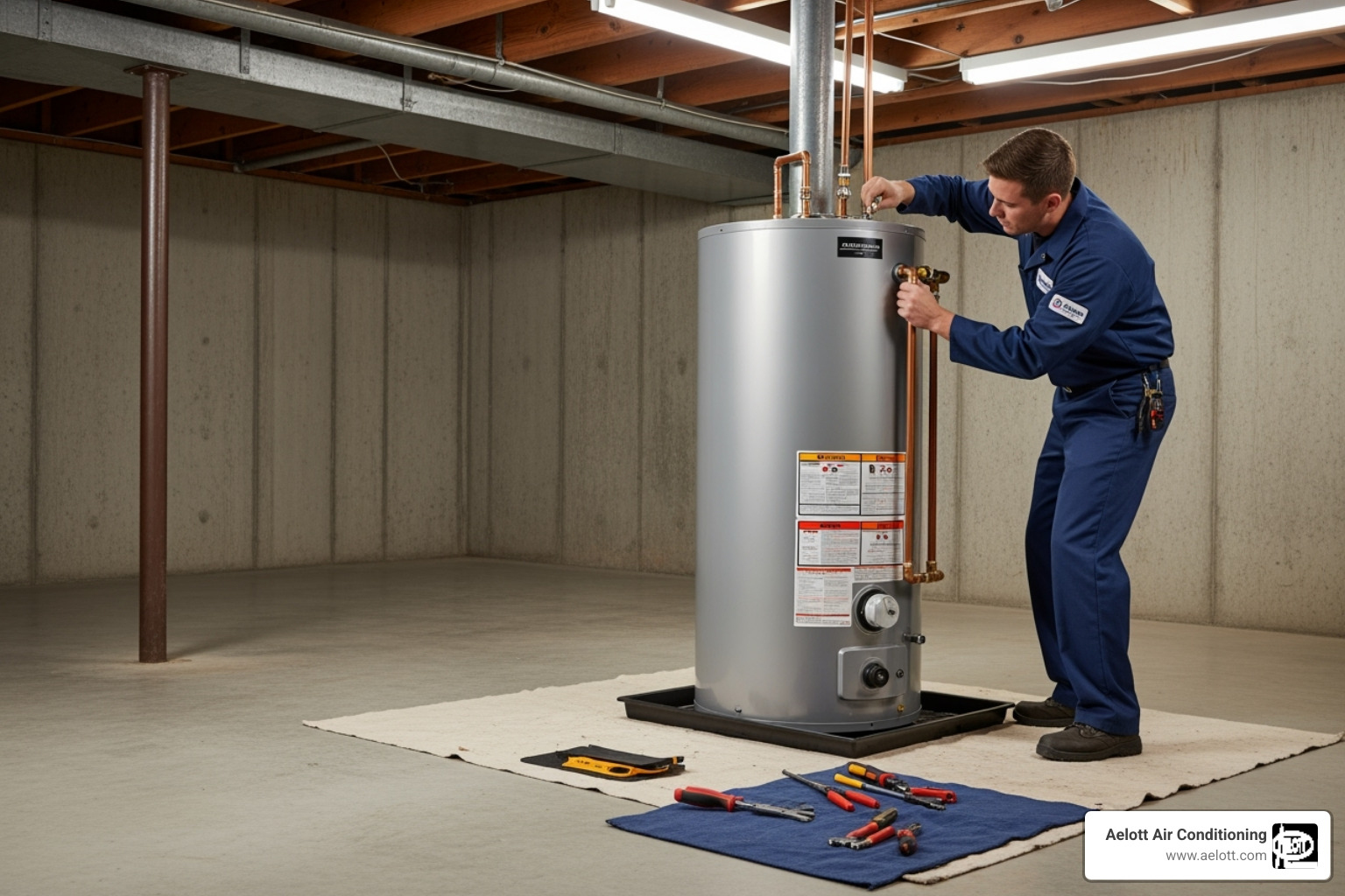 uniformed technician safely installing a new water heater - water heater installation escondido