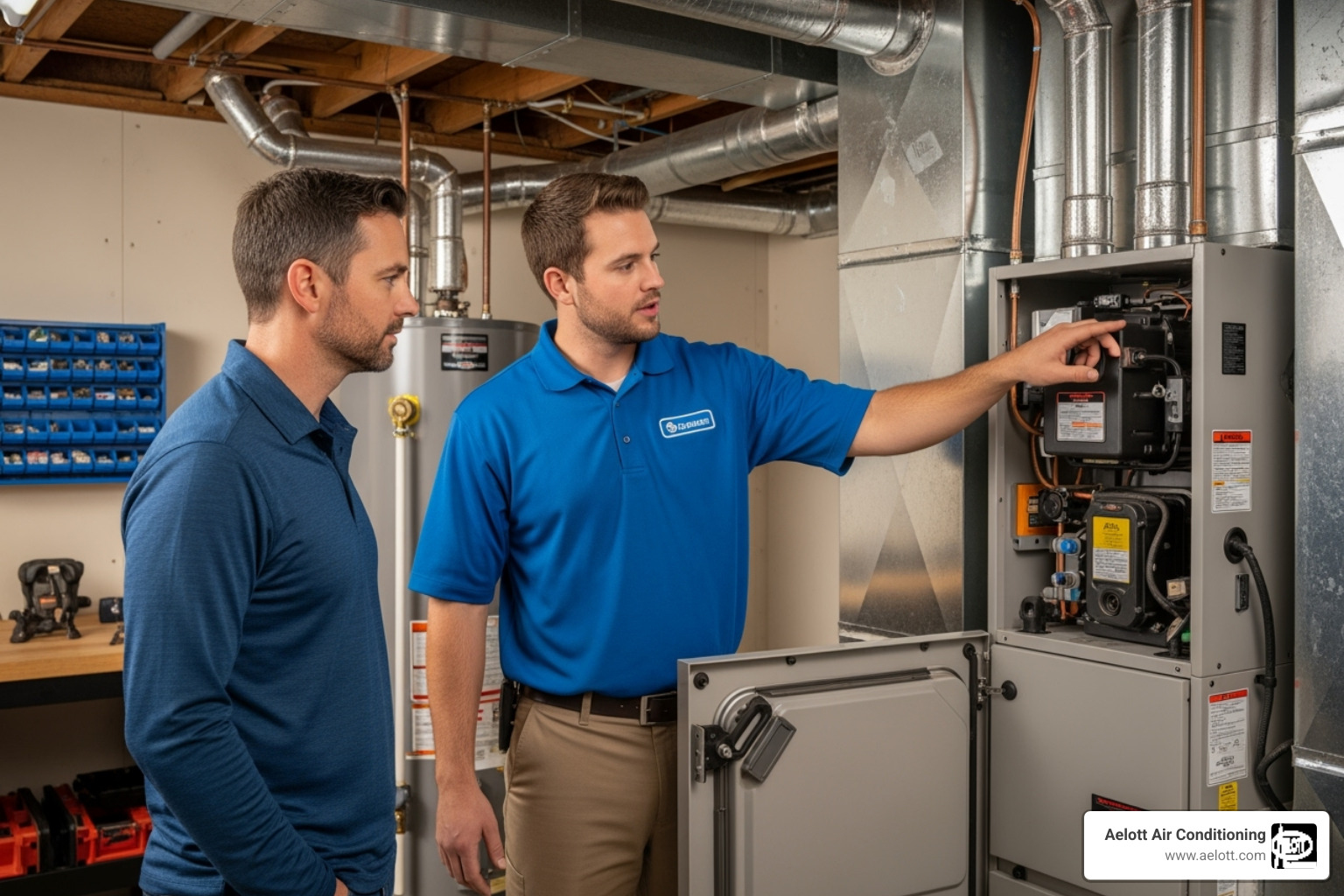 Image of a technician clearly explaining a repair on a part to a homeowner - honest HVAC services