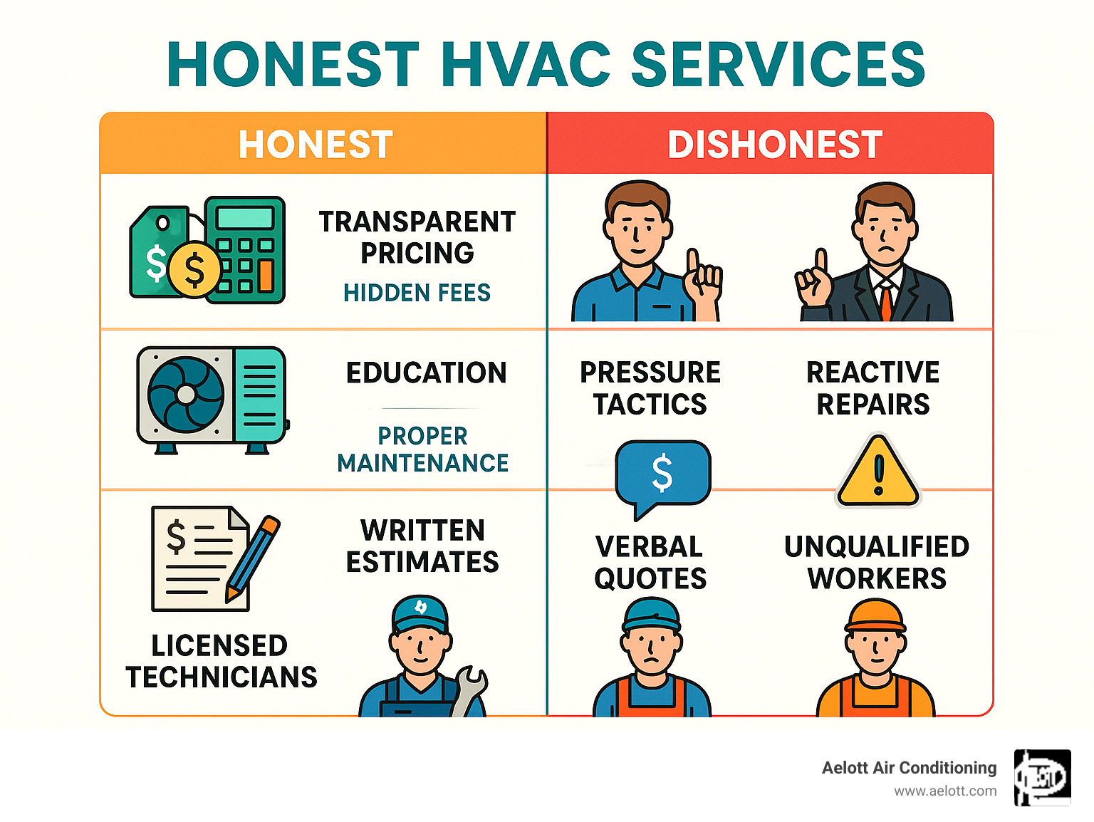 Infographic showing side-by-side comparison of honest vs dishonest HVAC contractor practices including transparent pricing vs hidden fees, education vs pressure tactics, proper maintenance vs reactive repairs, written estimates vs verbal quotes, and licensed technicians vs unqualified workers - honest HVAC services infographic 