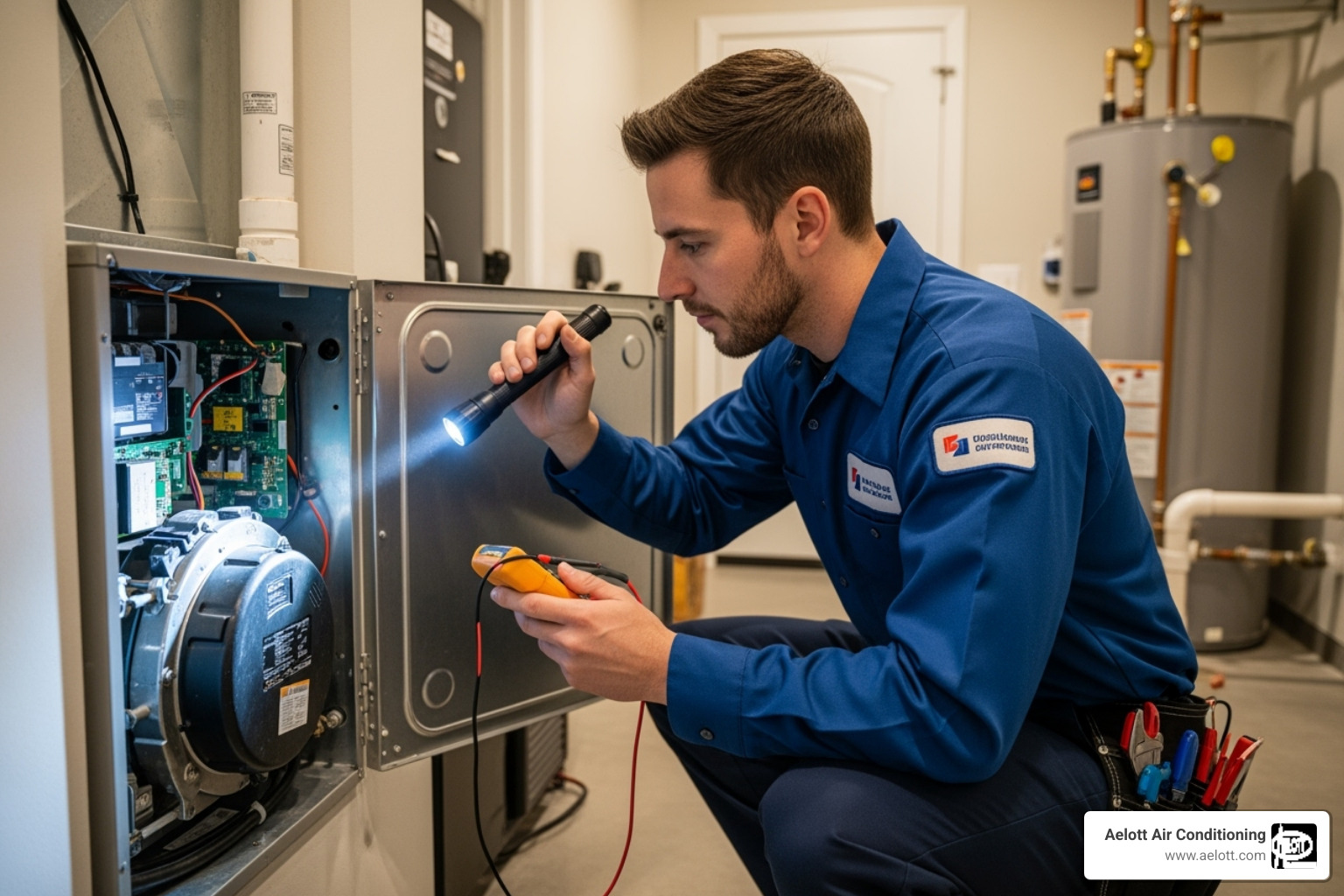friendly technician inspecting a furnace - furnace repair oceanside ca