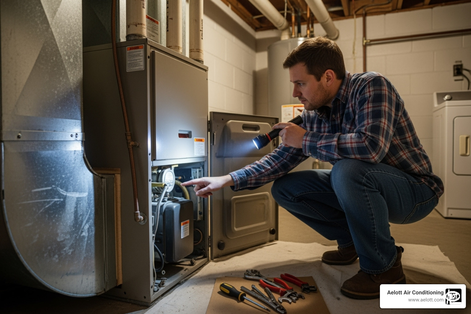Homeowner checking their furnace panel - furnace not turning on