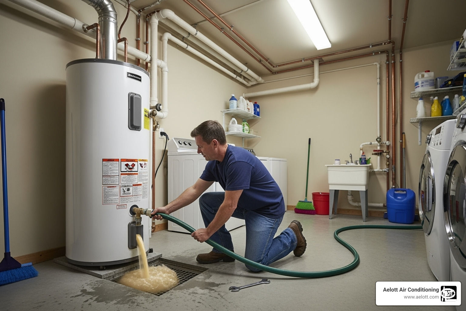 a homeowner flushing a water heater tank - hot water heater repair