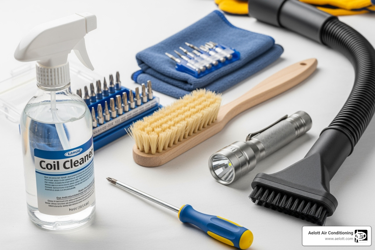 all the necessary tools laid out - evaporator coil cleaning