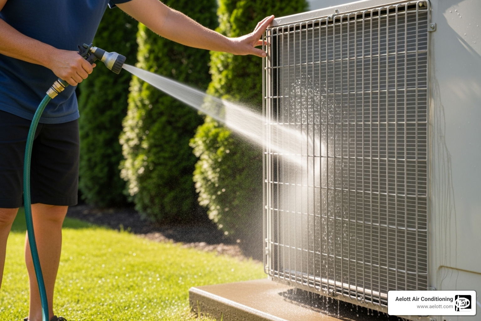 homeowner gently hosing down outdoor heat pump coil - heat pump not cooling