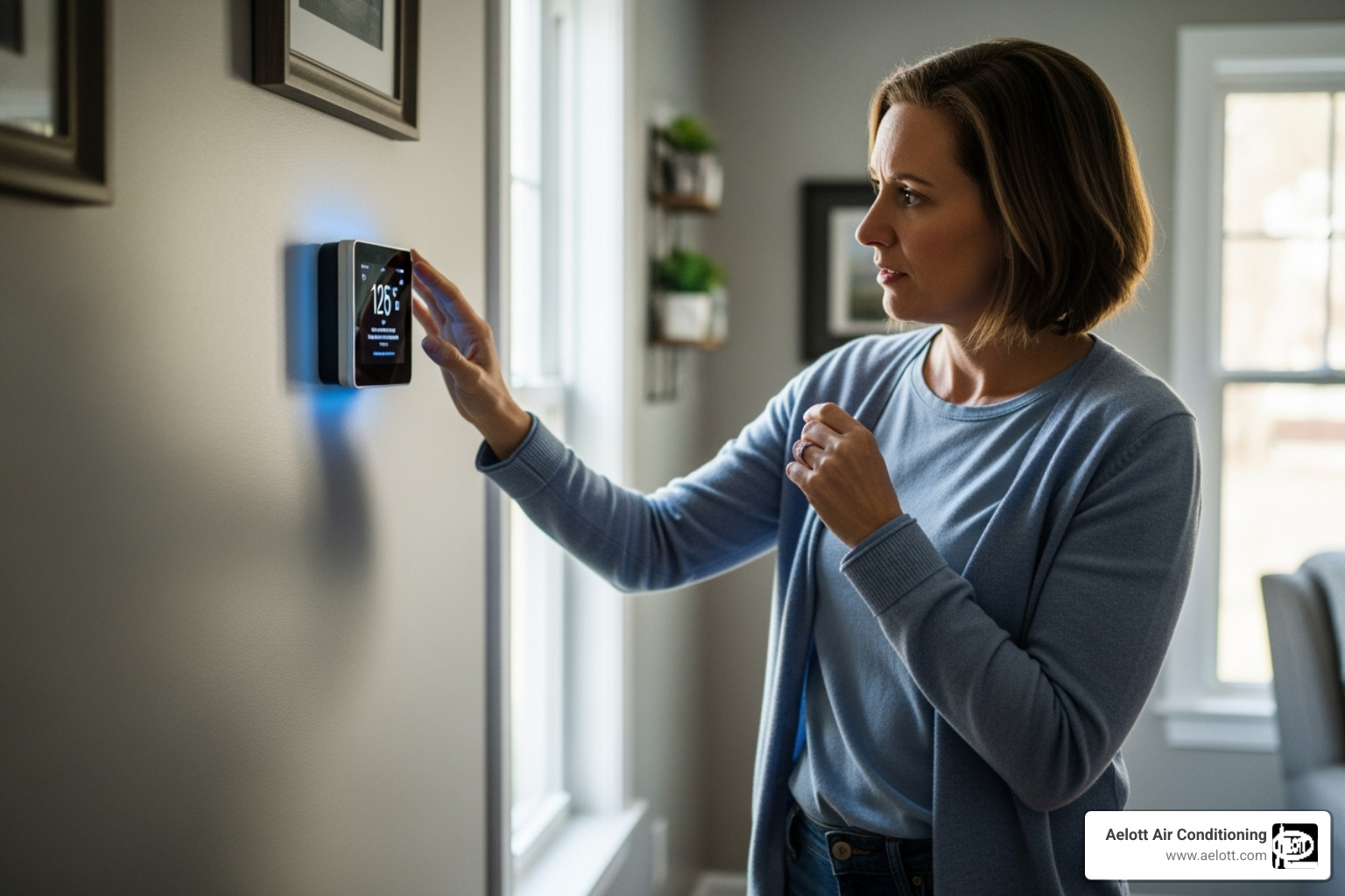 homeowner looking at their thermostat with a concerned expression - heat pump repair escondido