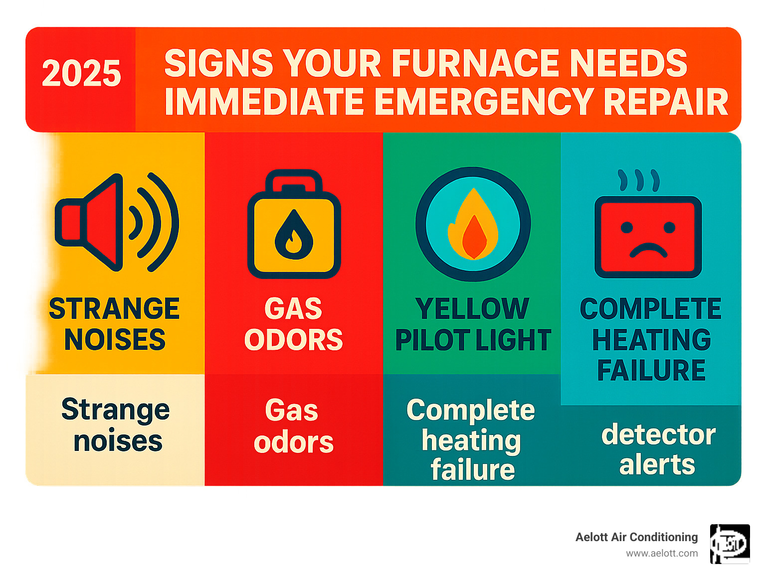 Signs your furnace needs immediate emergency repair including strange noises, gas odors, yellow pilot light, complete heating failure, and carbon monoxide detector alerts - 24 hour furnace repair infographic 