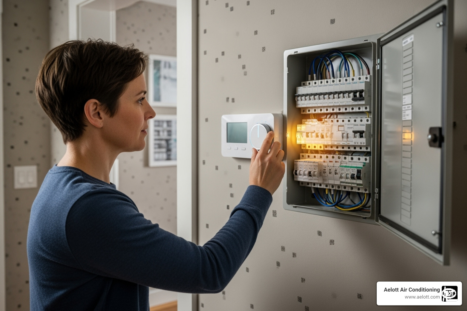 homeowner checking thermostat and circuit breaker panel - 24 hour furnace repair