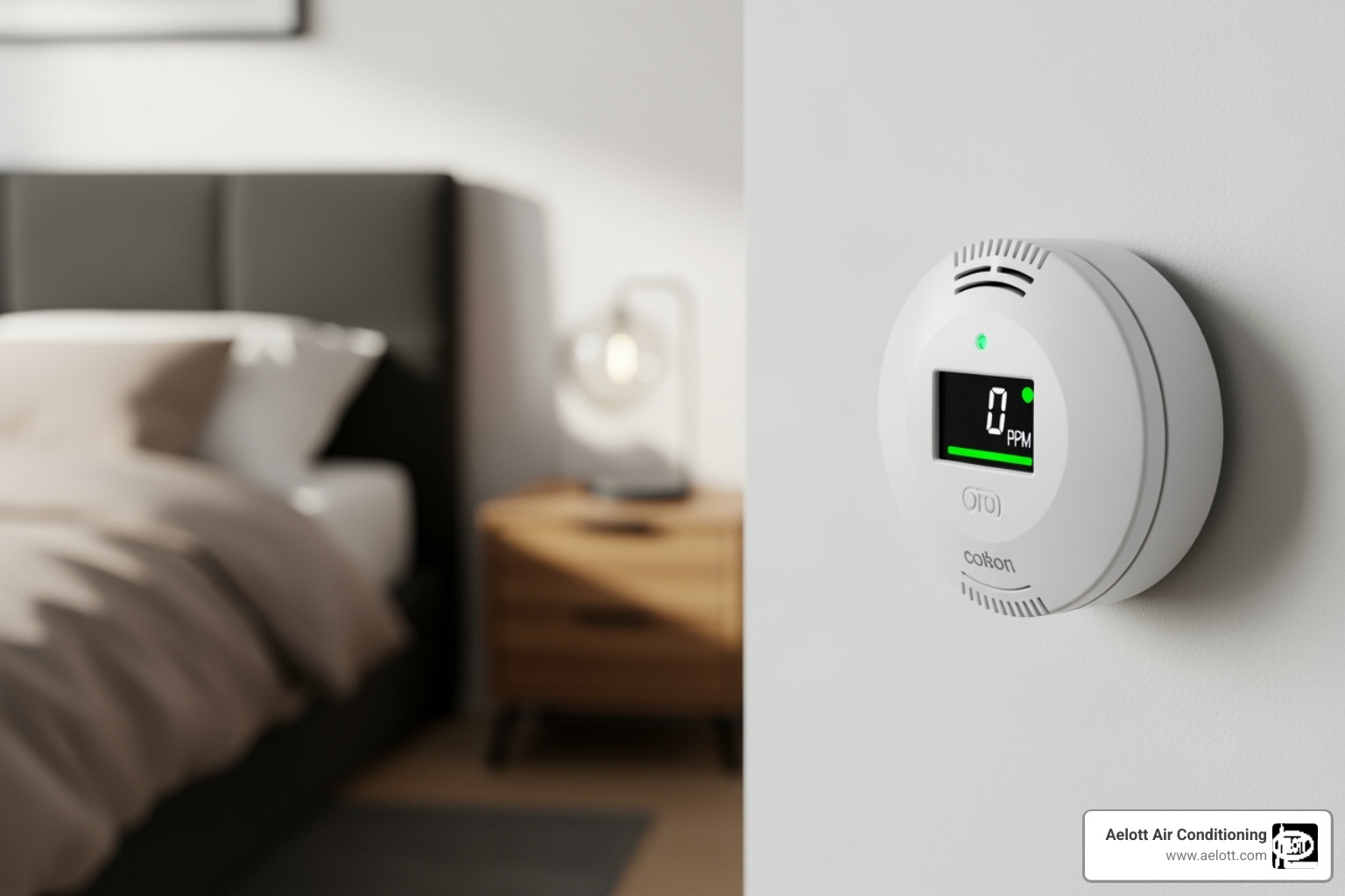 a carbon monoxide detector installed on a wall near a bedroom - furnace smells like gas
