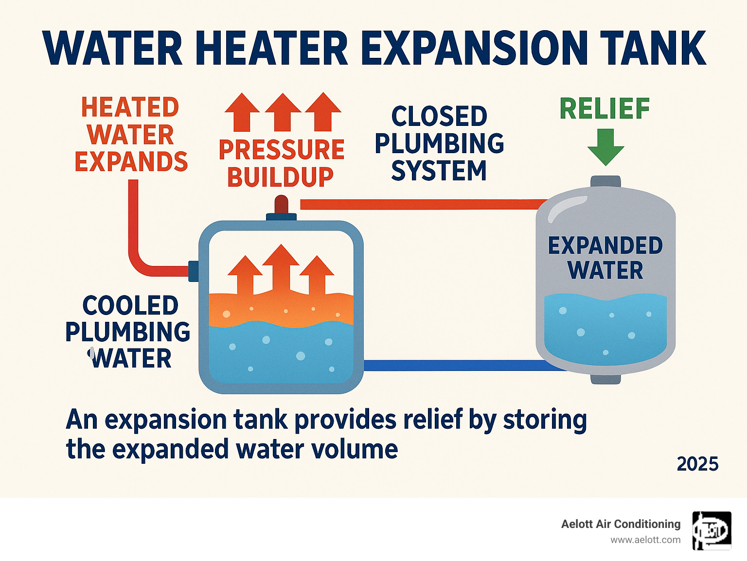 Detailed infographic showing water expanding when heated in a closed plumbing system, with arrows indicating pressure buildup and how an expansion tank provides relief by storing the expanded water volume - water heater expansion tank infographic 